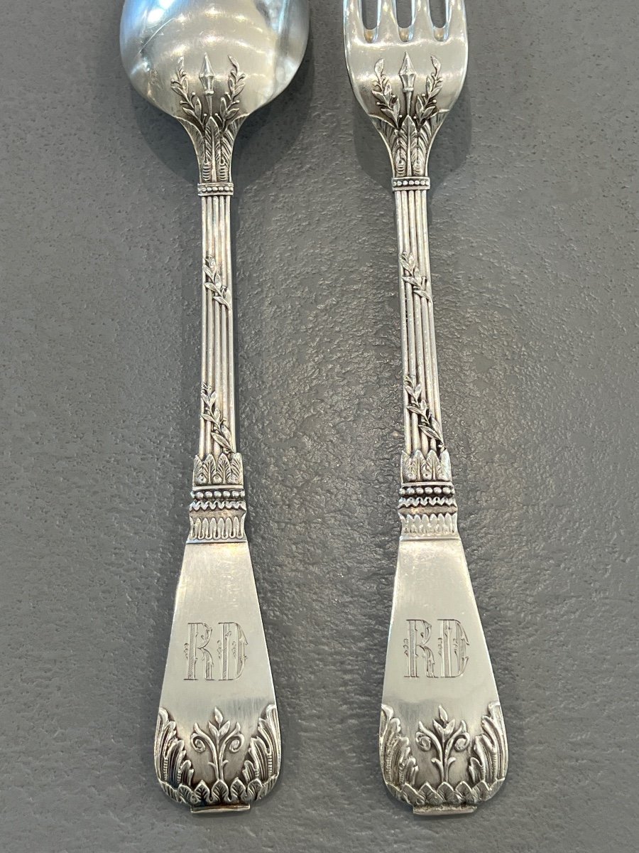 12 Solid Silver Table Cutlery Minerve Goldsmith Frésnais Armand In Paris-photo-6