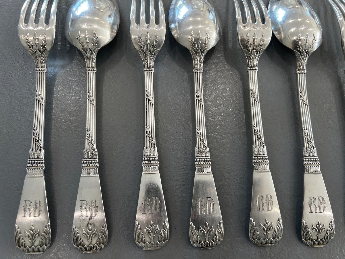 12 Solid Silver Table Cutlery Minerve Goldsmith Frésnais Armand In Paris