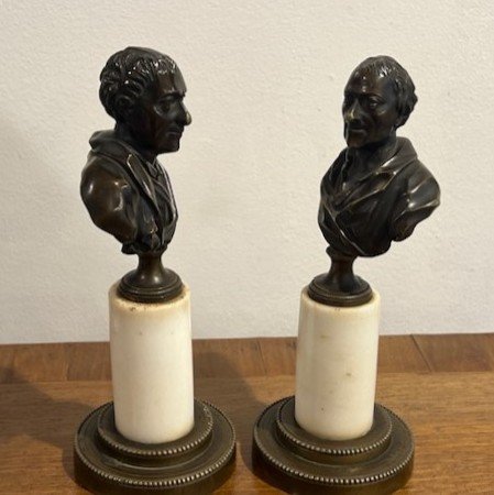 Pair Of Bronze Busts Representing Voltaire And Rousseau, 18th Century-photo-1