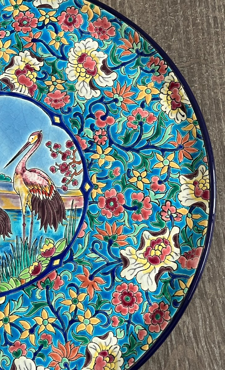 Large Longwy Enamel Dish With Stork Decor -photo-3