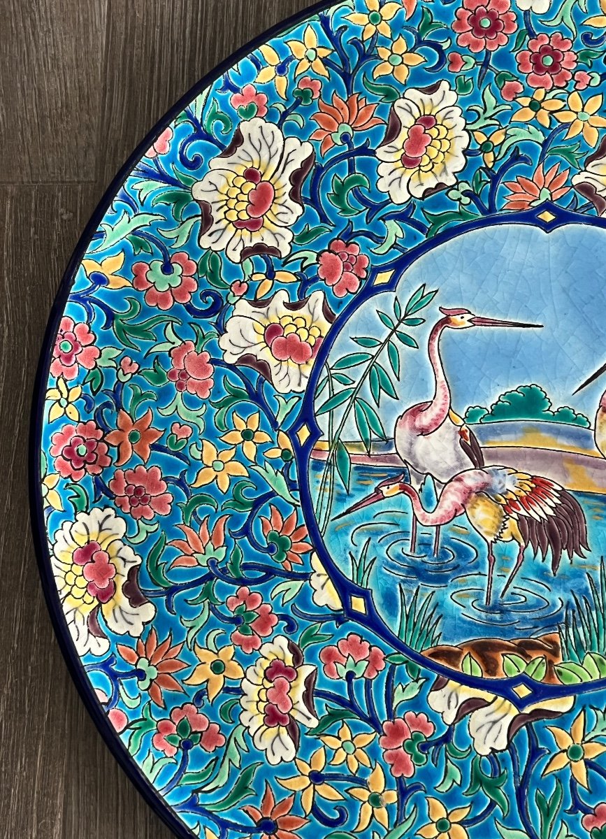 Large Longwy Enamel Dish With Stork Decor -photo-4