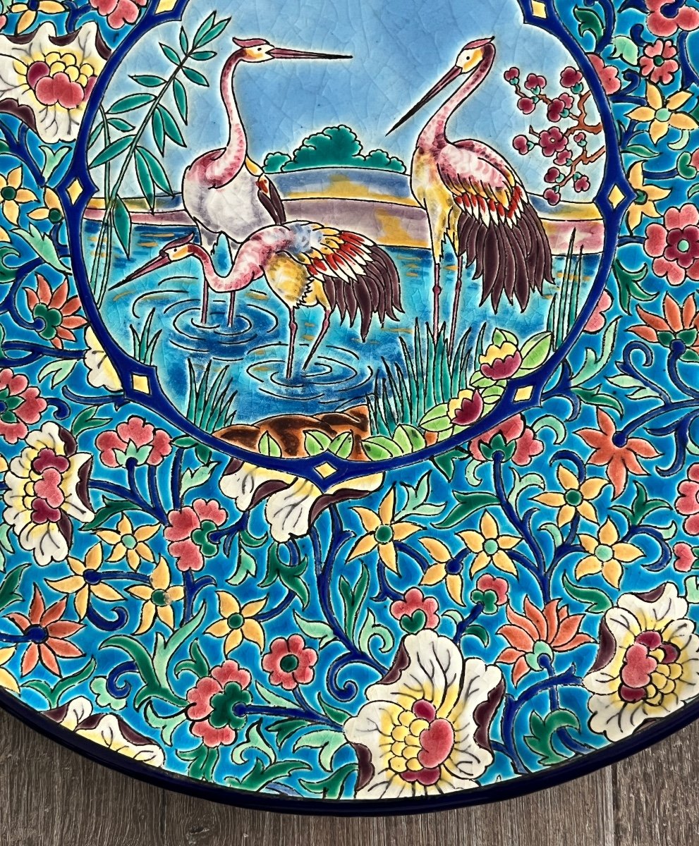 Large Longwy Enamel Dish With Stork Decor -photo-1