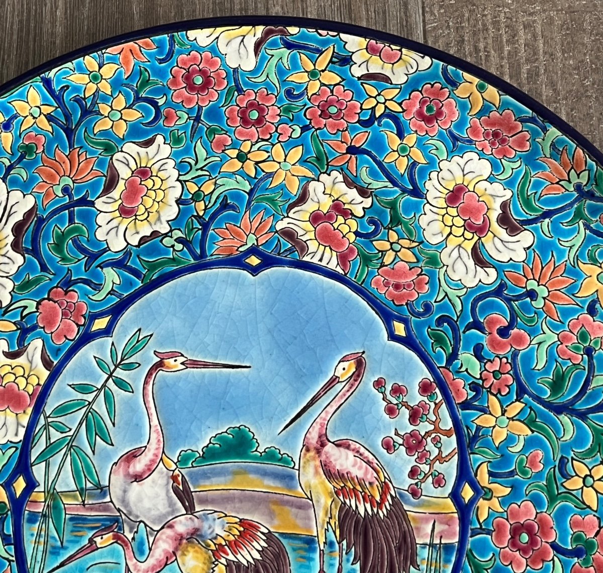 Large Longwy Enamel Dish With Stork Decor -photo-2