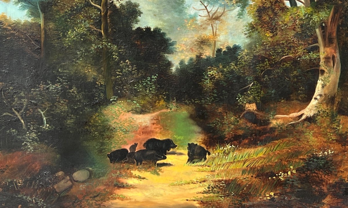 19th Century Painting / Canvas "herd Of Wild Boars In The Undergrowth" Signed -photo-5