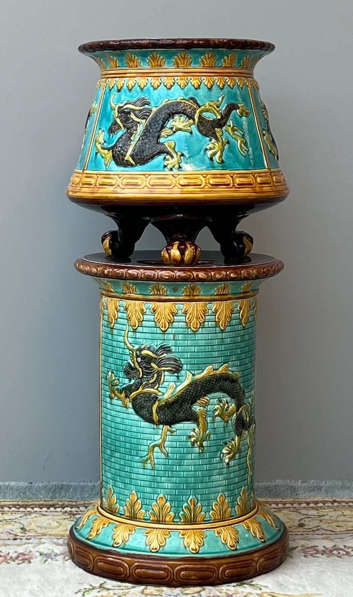 Jardinière Sur Colonne En Céramique Décor Au Dragon Chinois