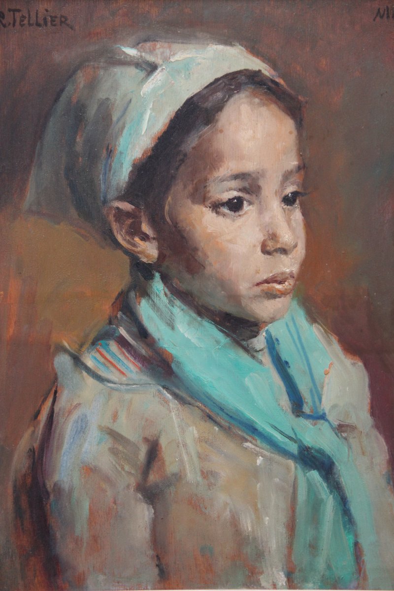 Peinture Orientaliste De Raymond Tellier Petite Fille Au Bonnet Vert -photo-3