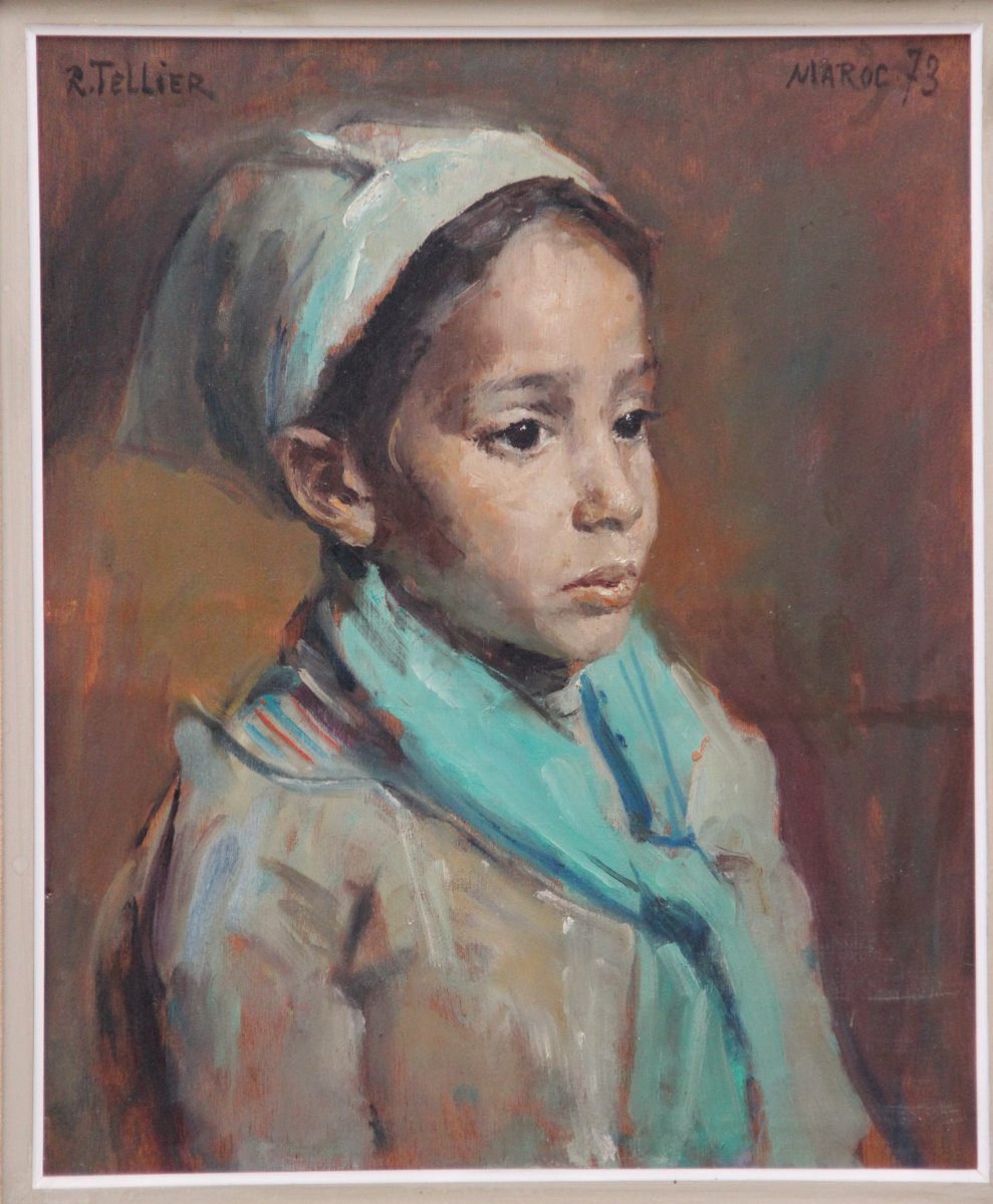 Peinture Orientaliste De Raymond Tellier Petite Fille Au Bonnet Vert 