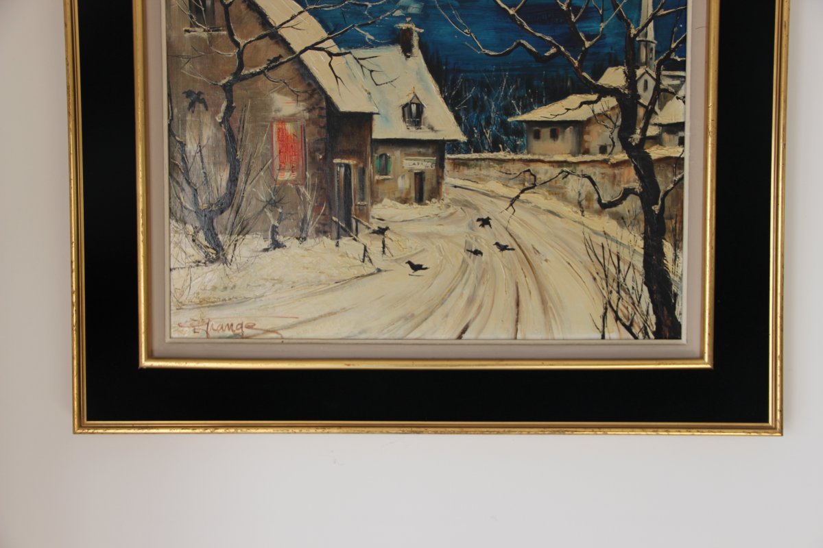 Painting Representative Houses Under The Snow Signed Barn XXth-photo-4