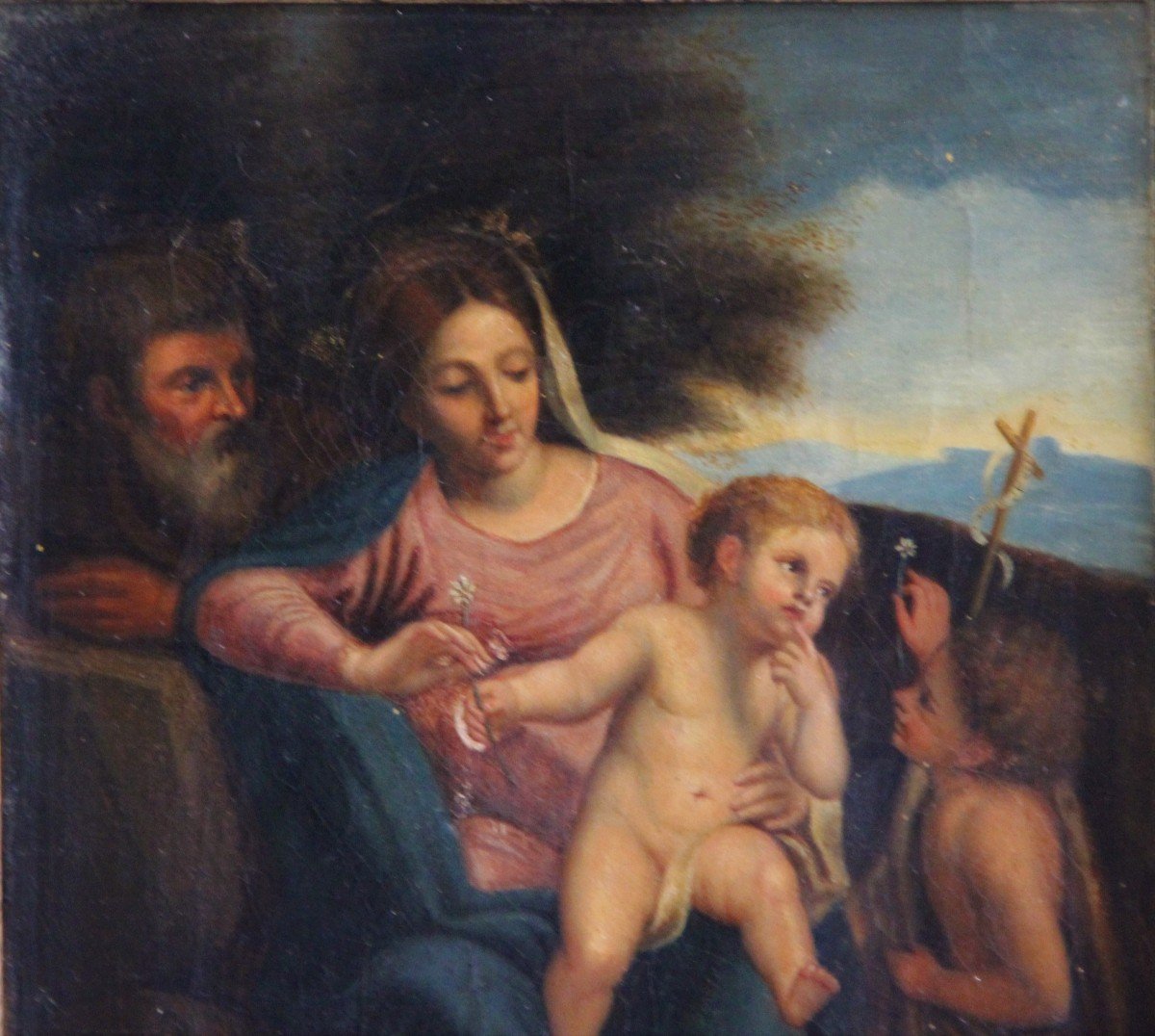 Sainte Famille Avec Saint Jean Baptiste Peinture XVII ème -photo-4