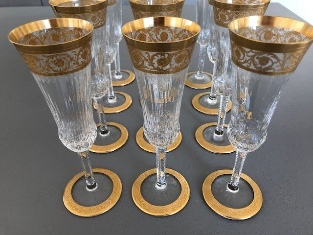 Crystal Saint Louis Model Thistle Gold 12 Champagne Flutes-photo-2