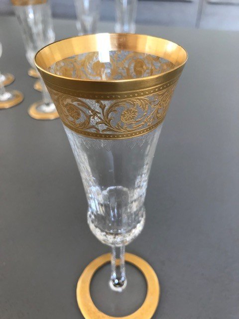 Crystal Saint Louis Model Thistle Gold 12 Champagne Flutes-photo-2