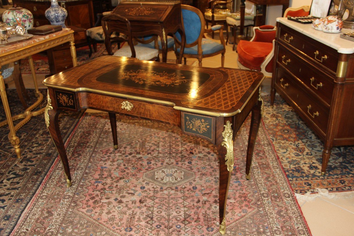 Napoleon III Desk / Table In Rosewood And Floral Marquetry