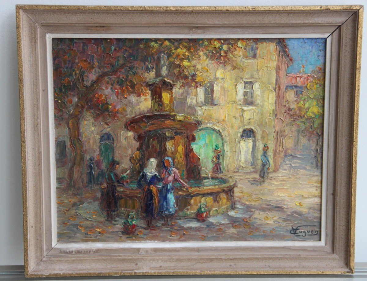 Painting By Victor Louis Cuguen 1882-1969 The Fountain In Bastia In Corsica