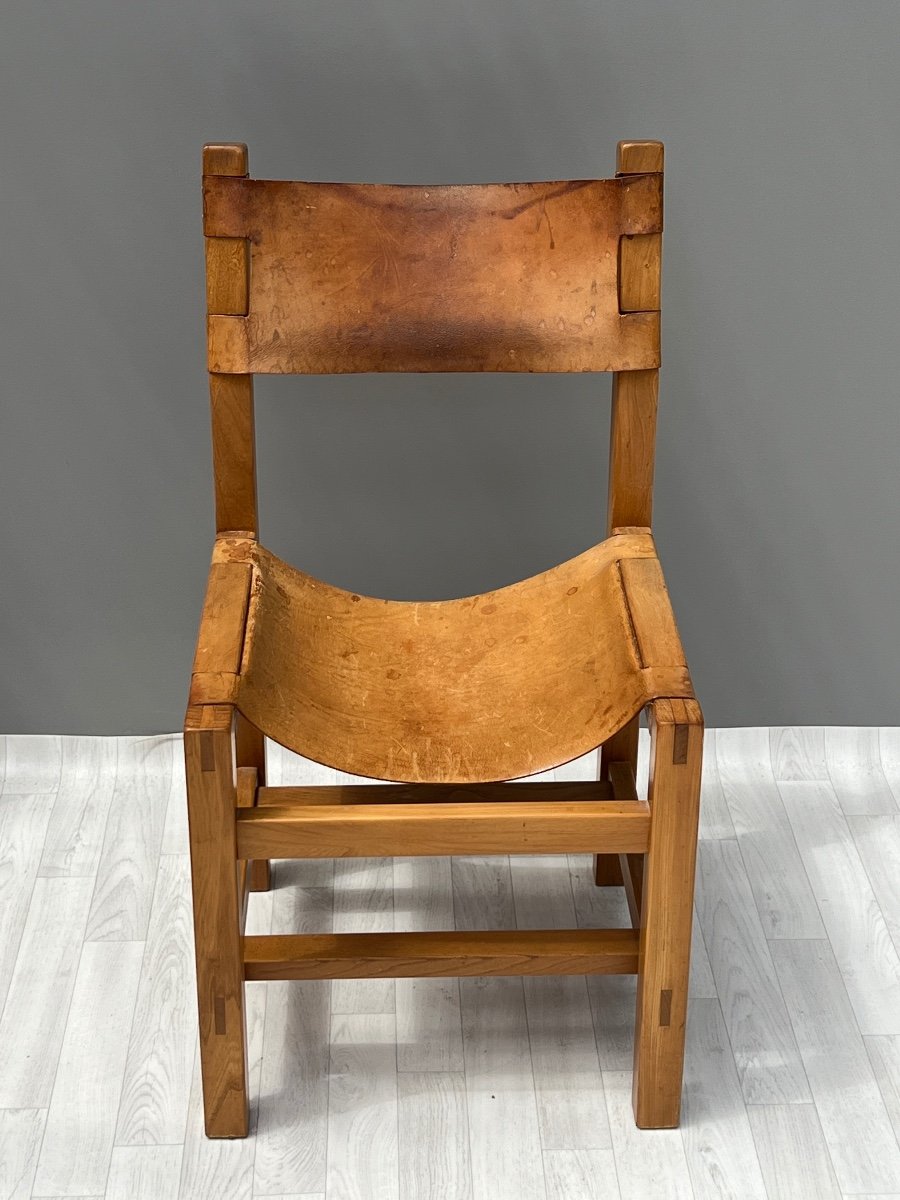 Maison Regain 4 Chairs In Solid Elm And Leather 1970s-photo-2