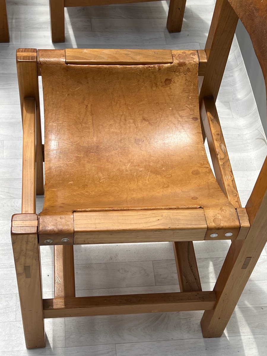 Maison Regain 4 Chairs In Solid Elm And Leather 1970s-photo-3