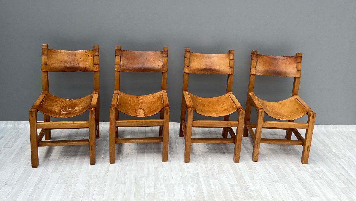 Maison Regain 4 Chairs In Solid Elm And Leather 1970s-photo-2