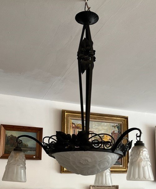 Art Deco Wrought Iron Chandelier Signed Degué-photo-3