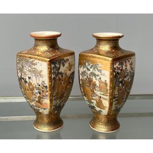 Pair Of Satsuma Earthenware Vases Japan