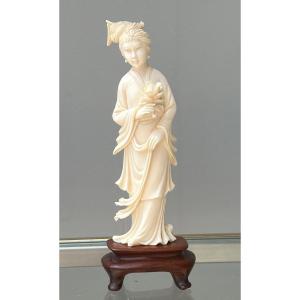 Carved Ivory Statuette Young Woman With Lotus Flower 