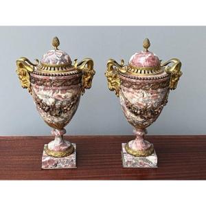 Pair Of Louis XVI Style Cassolettes Napoleon III Period In Marble And Bronze 