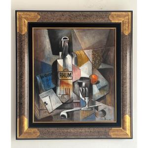 Painting By Daniel Mena (1949) Cubist Painter Still Life 