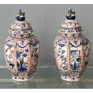 Pair Of Covered Vases / Potiches By Louis François Fourmaintraux In Desvres 