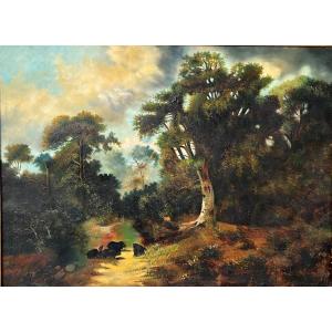 19th Century Painting / Canvas "herd Of Wild Boars In The Undergrowth" Signed 