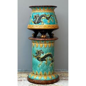 Jardinière Sur Colonne En Céramique Décor Au Dragon Chinois