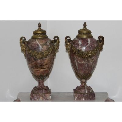 Paire De Cassolettes En Marbre Et Bronze Style Louis XVI