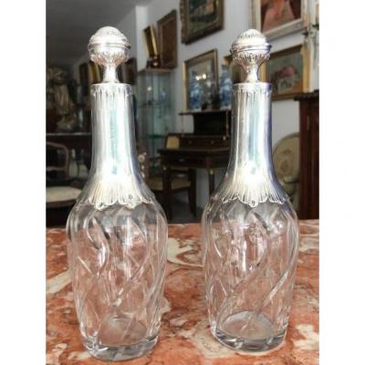 Paire De Carafes  En Cristal Et Argent Minerve 