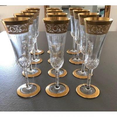 Crystal Saint Louis Model Thistle Gold 12 Champagne Flutes