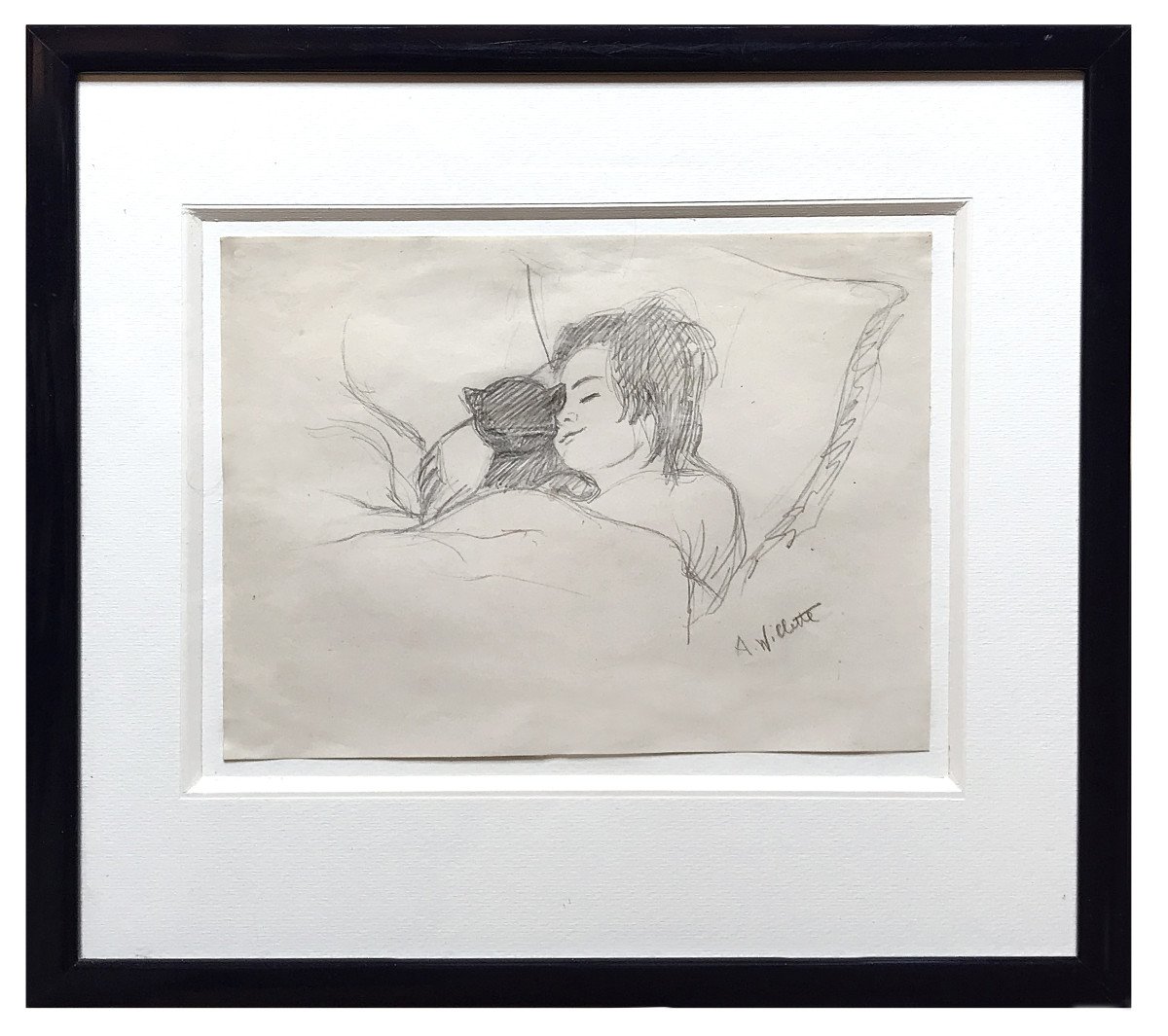 Al Willette (1857-1926), Sleeping Little Girl And Kitten, Original Pencil Drawing, Signed-photo-2