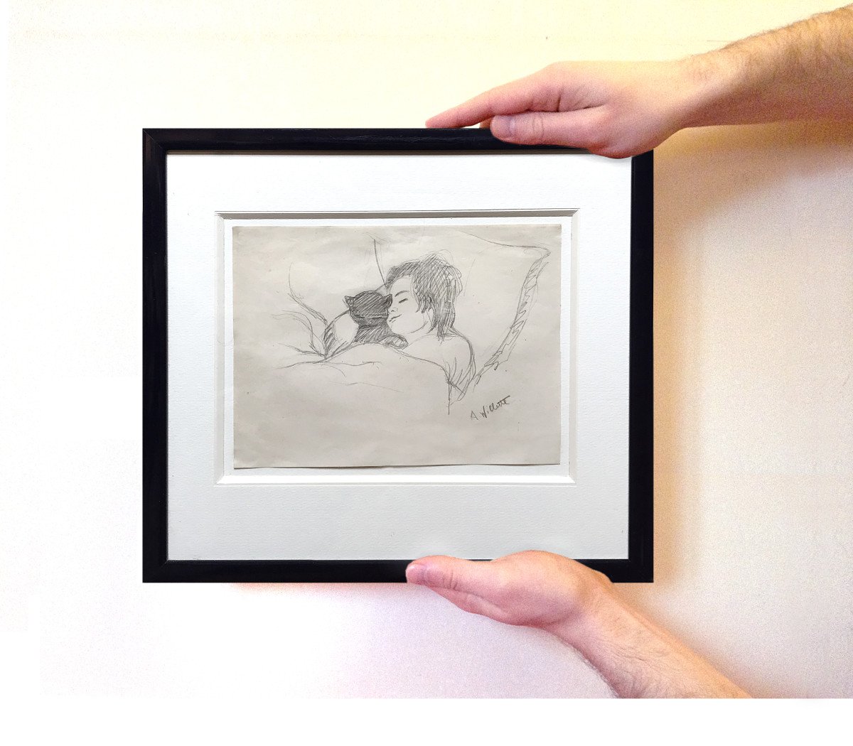 Al Willette (1857-1926), Sleeping Little Girl And Kitten, Original Pencil Drawing, Signed-photo-3