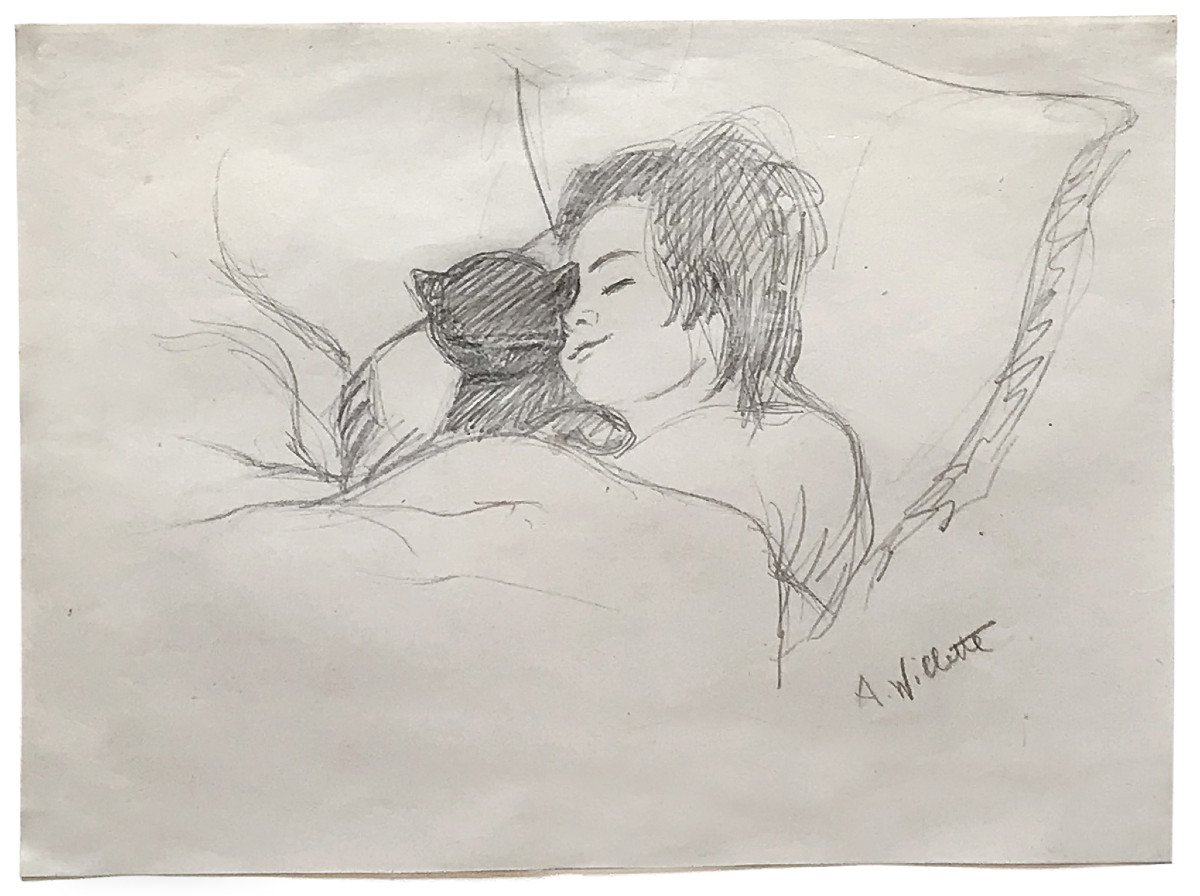 Al Willette (1857-1926), Sleeping Little Girl And Kitten, Original Pencil Drawing, Signed