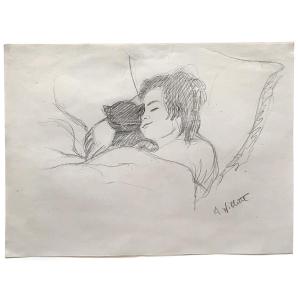 Al Willette (1857-1926), Sleeping Little Girl And Kitten, Original Pencil Drawing, Signed