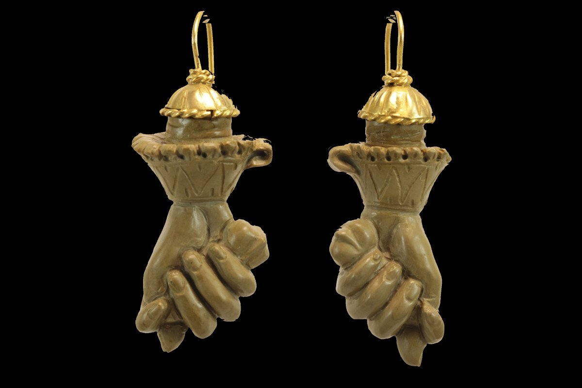 Antique Lava Carved Gold Earrings-photo-2