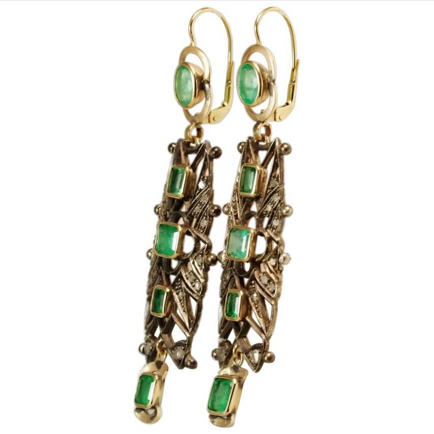 Antique Emeralds Diamonds Catalan Earrings-photo-3