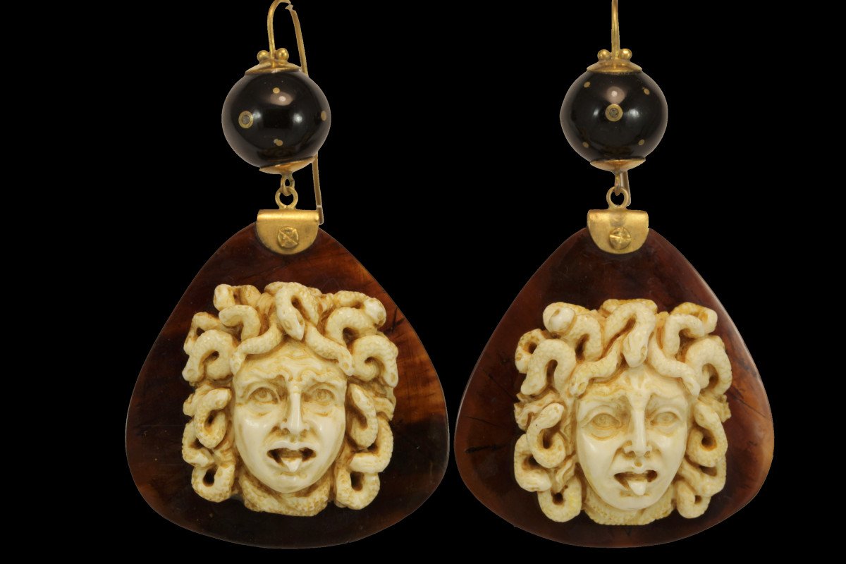 Boucles d'Oreilles Anciennes Or Ivoire Medusa Camee Ecaille-photo-2