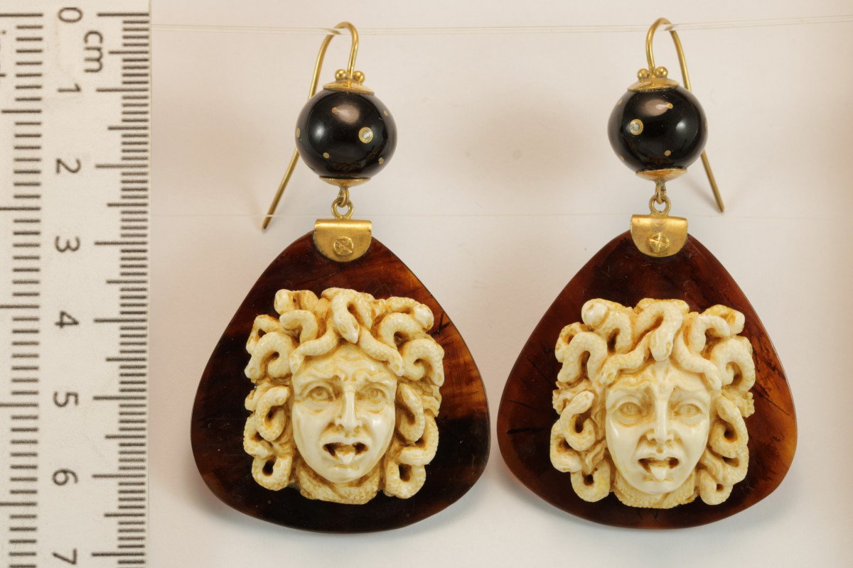 Boucles d'Oreilles Anciennes Or Ivoire Medusa Camee Ecaille-photo-6