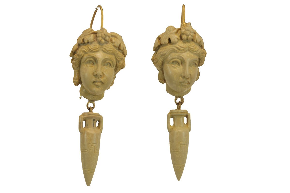 Boucles d'Oreilles Anciennes Or Camee De Lave