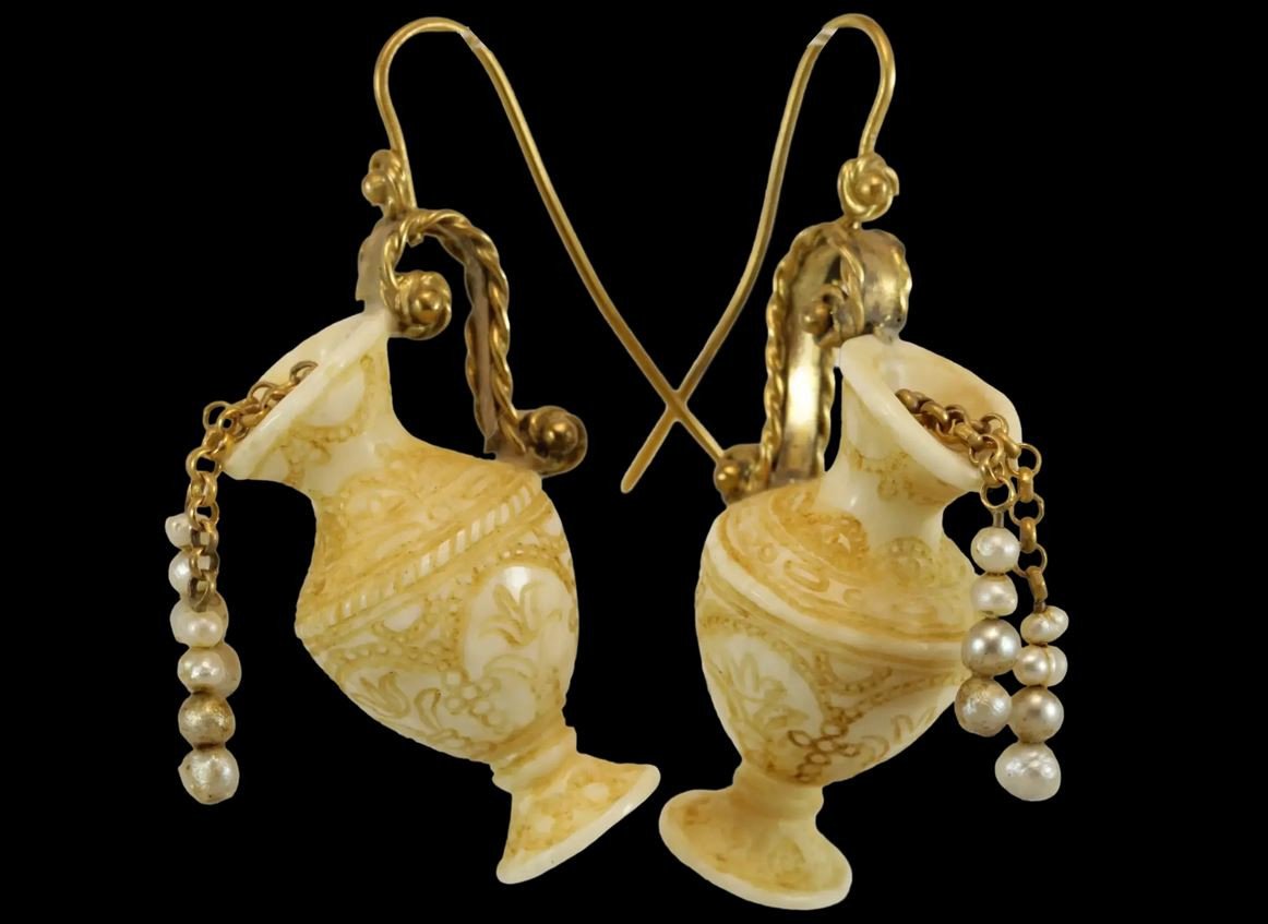 Boucles d'Oreilles Anciennes Or Ivoire Sculptee-photo-2