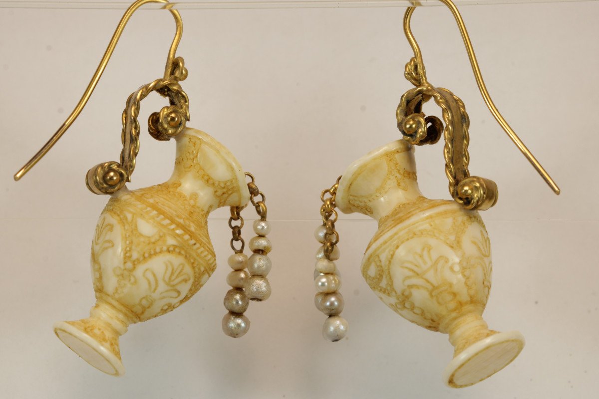 Boucles d'Oreilles Anciennes Or Ivoire Sculptee-photo-3