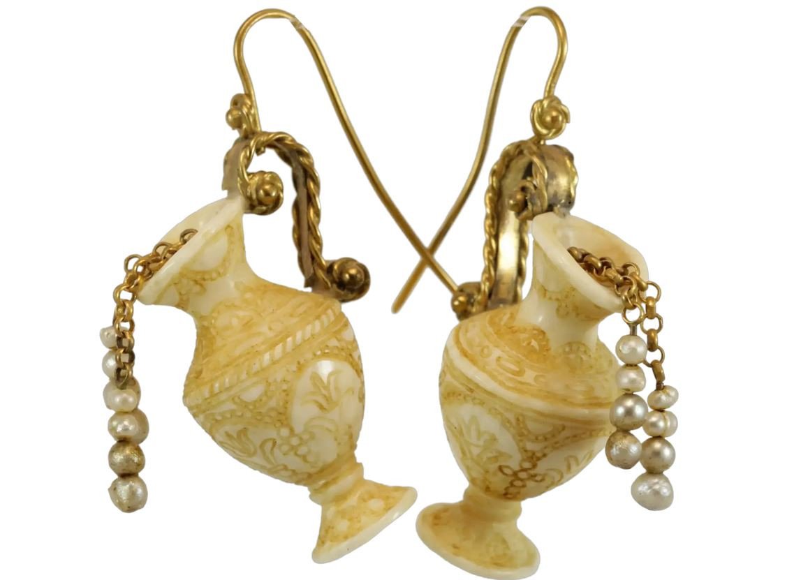 Boucles d'Oreilles Anciennes Or Ivoire Sculptee