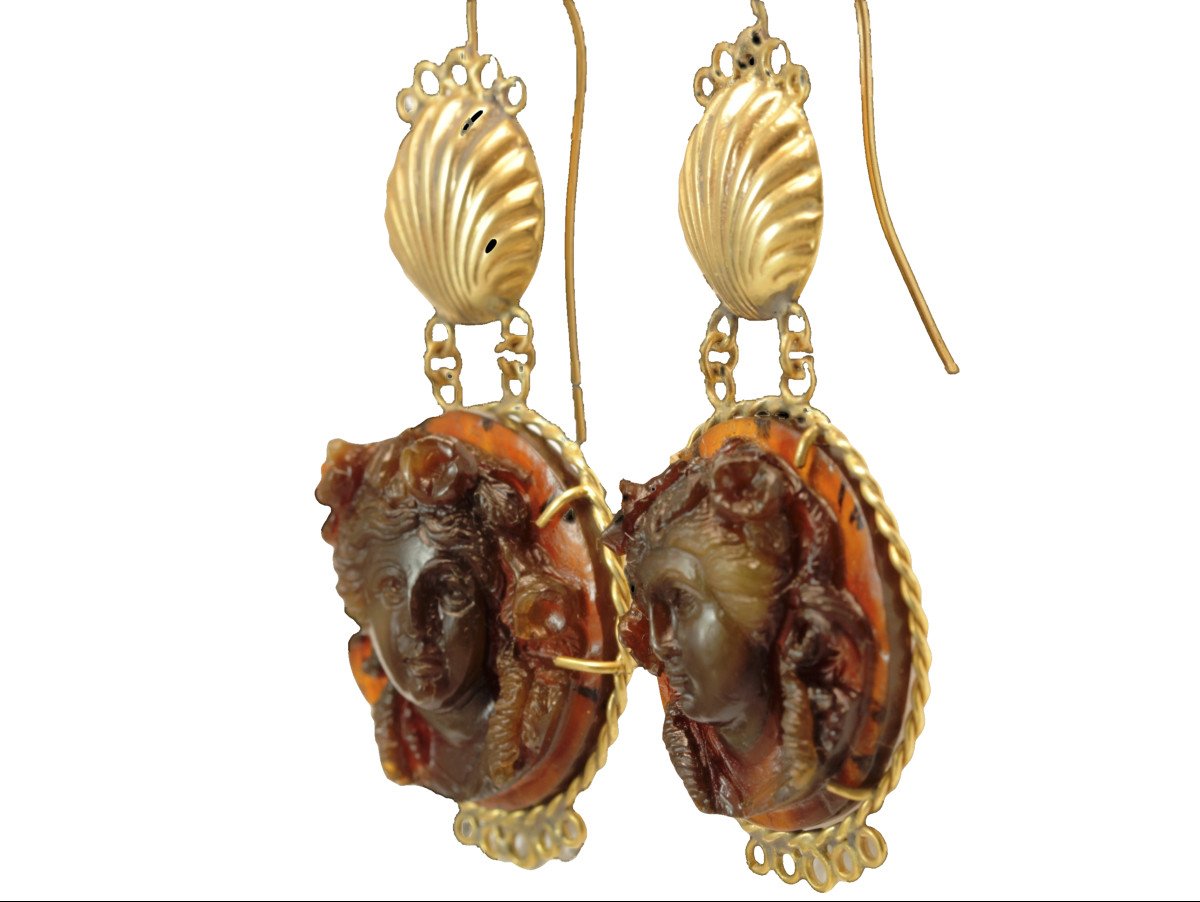 Antique Turtleshell Cameos Gold Earrings-photo-3