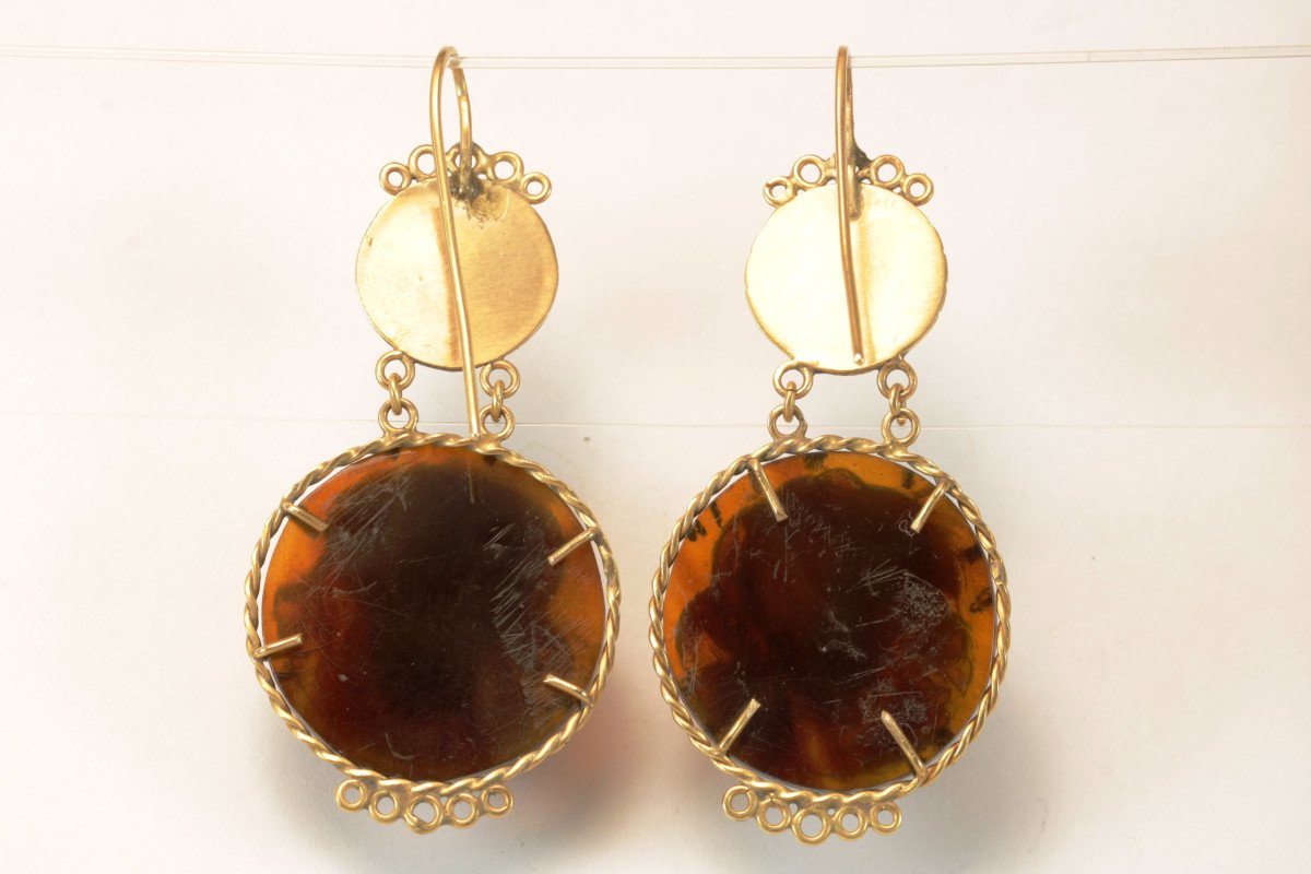 Antique Turtleshell Cameos Gold Earrings-photo-2