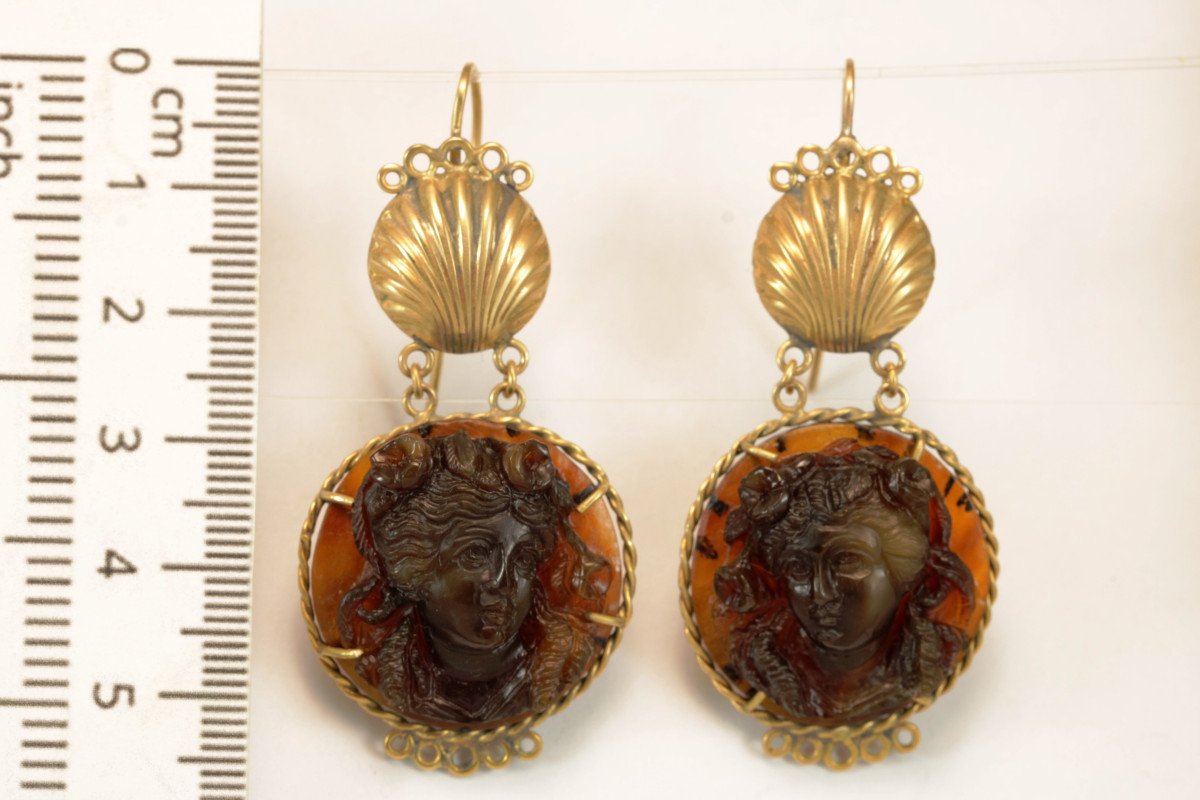 Antique Turtleshell Cameos Gold Earrings-photo-3