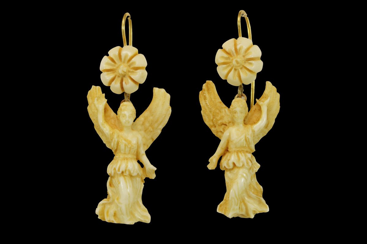 Antique Ivory Carved Gold Earrings-photo-2