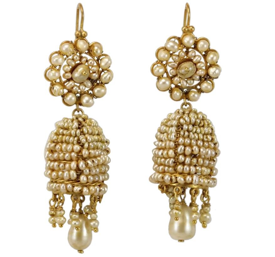 Boucles d'Oreilles Anciennes Or Perles Fines