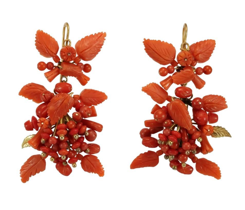 Boucles d'Oreilles Anciennes Or Corail