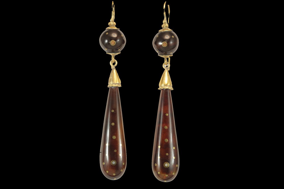 Antique Tortoiseshell Piquè Gold Earrings-photo-2